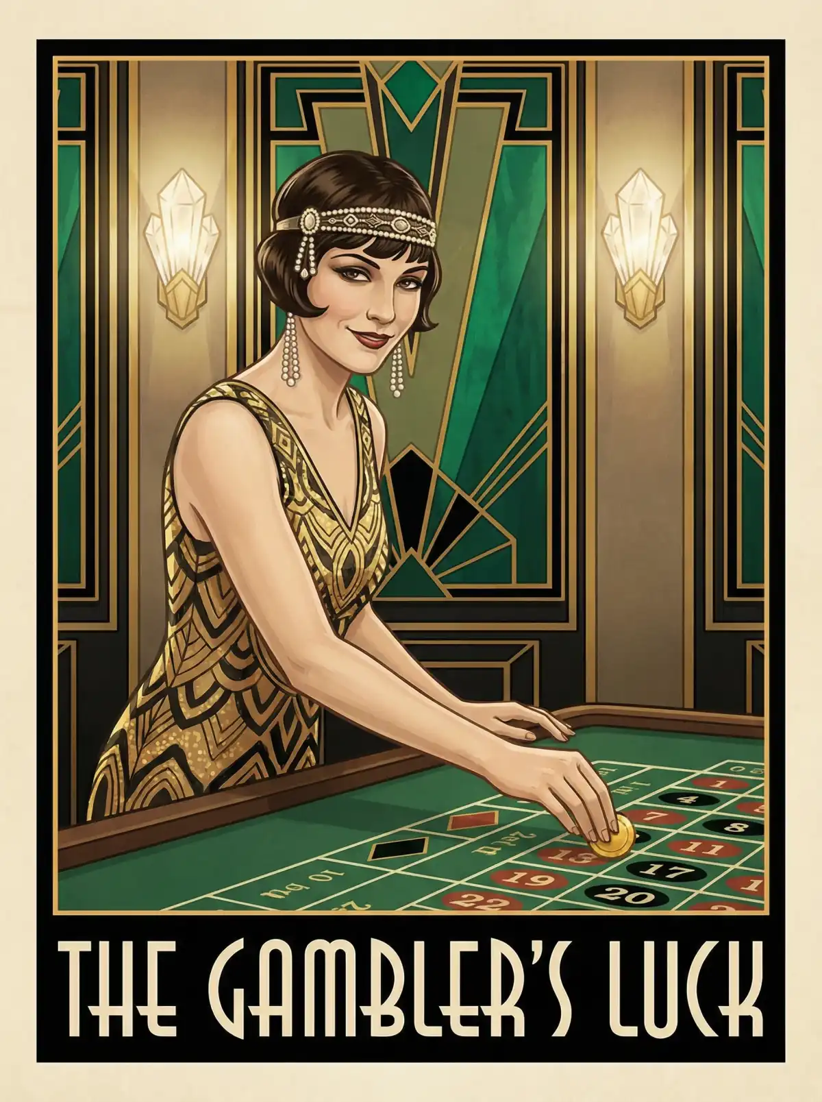 优雅女士在轮盘赌桌前的Art Deco风格肖像